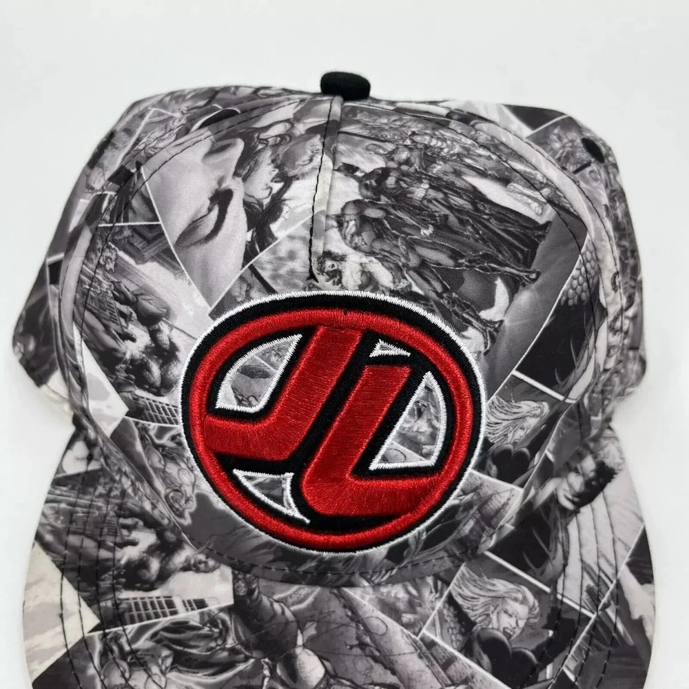 Kids Justice League Comic Print Snapback Hat Black White Red Logo DC Comics Cap